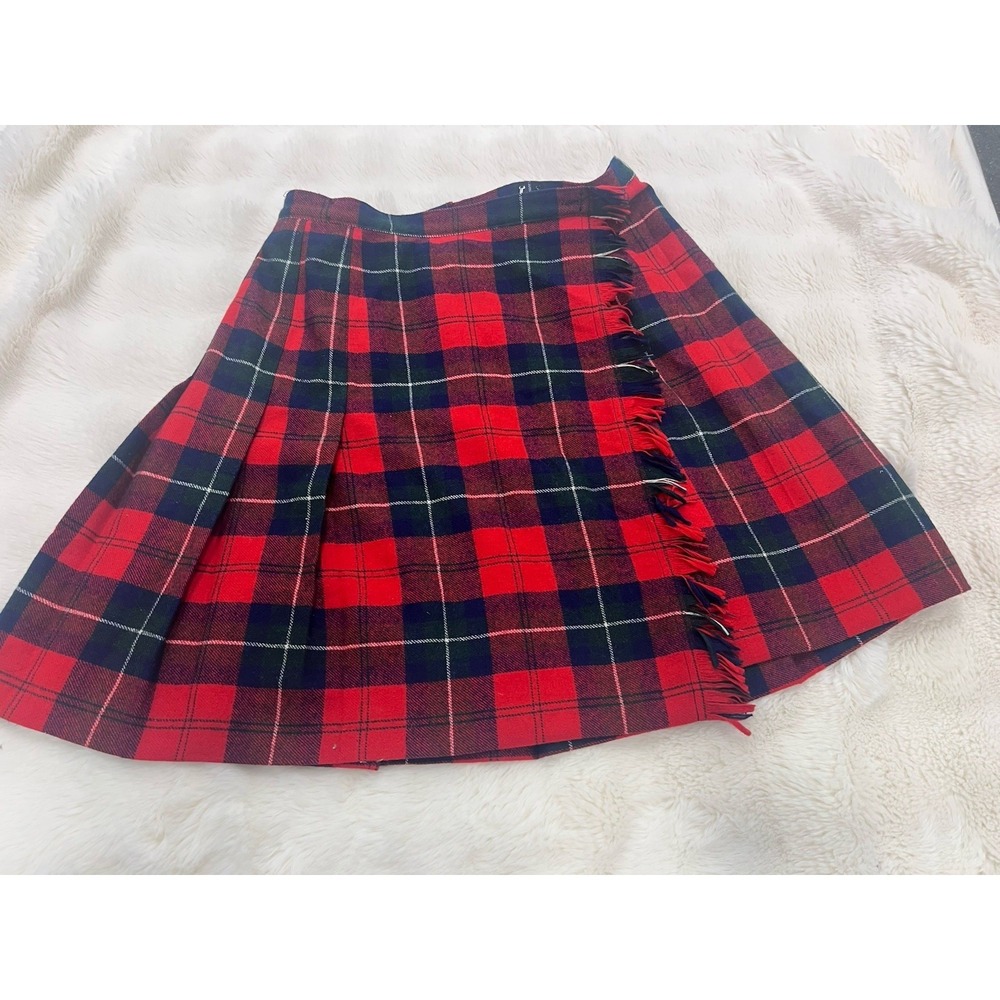 Vintage Pendleton Red Green Tartan Plaid Wool Frayed Wrap Midi Skirt Women 14